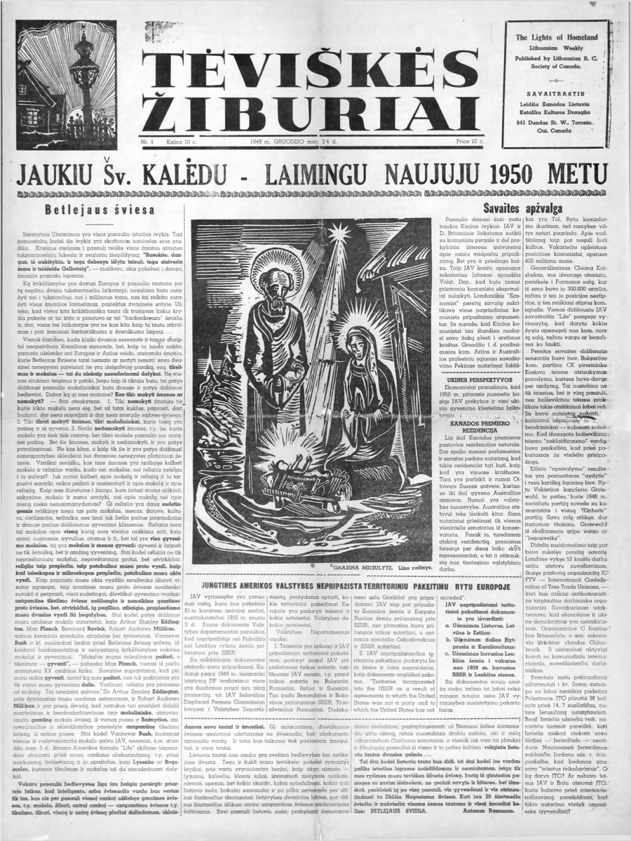 First issue of Tėviškės Žiburiai, 24 December 1949