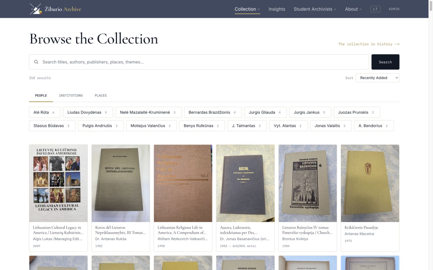 Žiburio Archive public collection interface